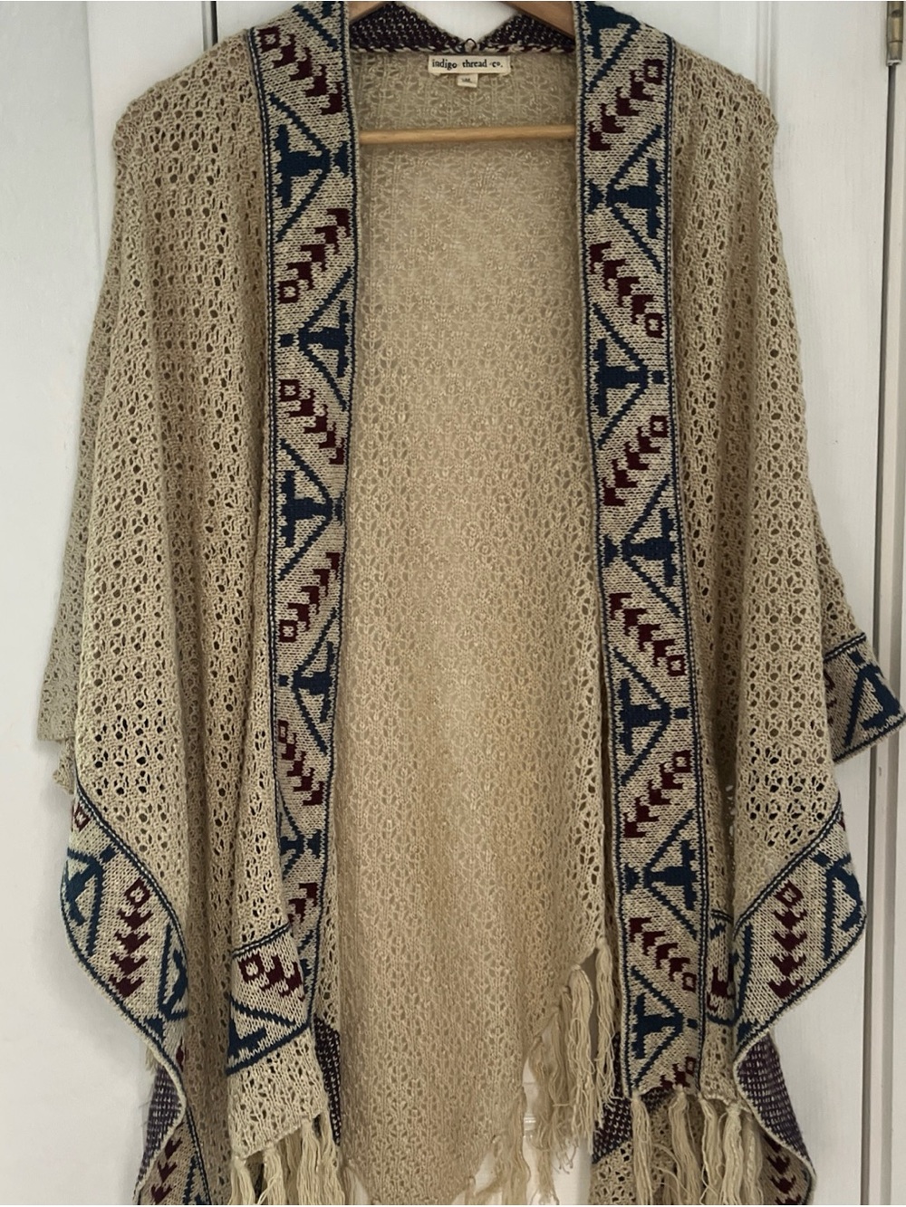 Indigo Thread Co. Cream Crochet Fringe Poncho with Navy & Burgundy Trim